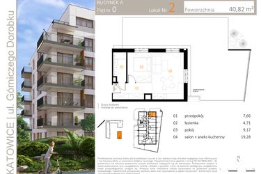 Rzut - Mieszkanie na sprzedaż 2 pokoje o powierzchni 40,82 m² - numer A_2 w Zielony Nikiszowiec
