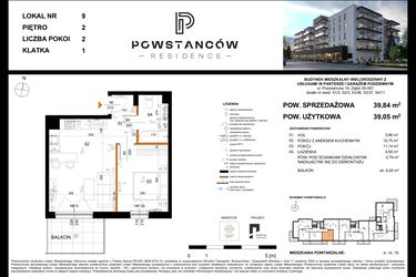 Rzut - Mieszkanie na sprzedaż 2 pokoje o powierzchni 40,11 m² - numer 9 w Powstańców Residence