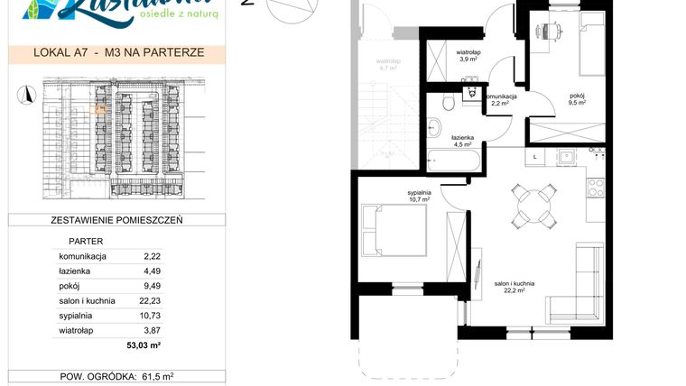 Rzut - Mieszkanie na sprzedaż 3 pokoje o powierzchni 53,03 m² - numer A.7 w Zastawna OdNova
