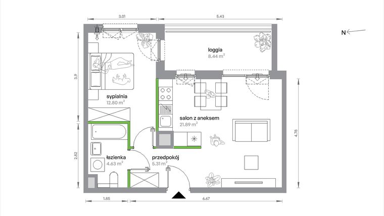 Rzut - Mieszkanie na sprzedaż 2 pokoje o powierzchni 44,63 m² - numer 1/A/3/3 w Sochaczewska Vita