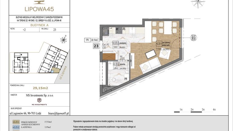 Rzut - Mieszkanie na sprzedaż 1 pokój o powierzchni 29,15 m² - numer A23 w Lipowa 45