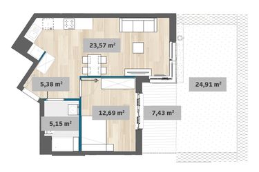 Rzut - Mieszkanie na sprzedaż 2 pokoje o powierzchni 46,69 m² - numer F1.D.00.01 w Sady Żoliborz