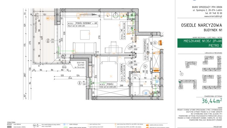 Rzut - Mieszkanie na sprzedaż 2 pokoje o powierzchni 36,44 m² - numer N1.35 w Osiedle Narcyzowe etap 2
