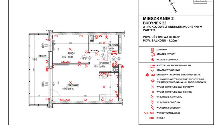 Rzut - Mieszkanie na sprzedaż 2 pokoje o powierzchni 36,84 m² - numer 22_2 w Osiedle 4 Pory Roku - Etap VIII