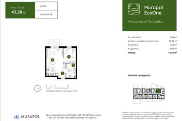 Rzut - Mieszkanie na sprzedaż 2 pokoje o powierzchni 43,38 m² - numer 2.B.0.02 w Murapol EcoOne