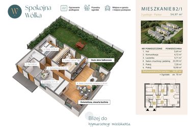 Rzut - Mieszkanie na sprzedaż 3 pokoje o powierzchni 54,97 m² - numer B2/1 w Spokojna Wólka etap IV