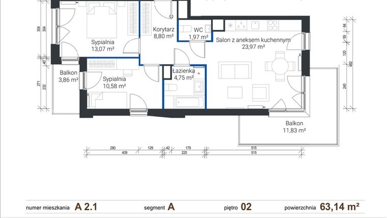 Rzut - Mieszkanie na sprzedaż 3 pokoje o powierzchni 63,14 m² - numer A 2.1 w Nowe Zabłocie