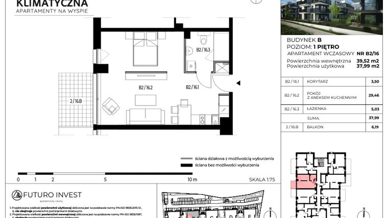Rzut - Mieszkanie na sprzedaż 2 pokoje o powierzchni 38,48 m² - numer B2/16 w Apartamenty Klimatyczna