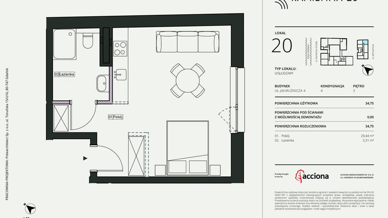 Rzut - Mieszkanie na sprzedaż 1 pokój o powierzchni 34,75 m² - numer 4.20 w Kamienna 28 - apartamenty inwestycyjne