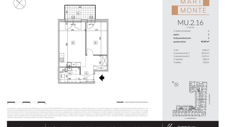 Rzut - Mieszkanie na sprzedaż 2 pokoje o powierzchni 45,69 m² - numer MU.2.16 w Marimonte - apartamenty inwestycyjne
