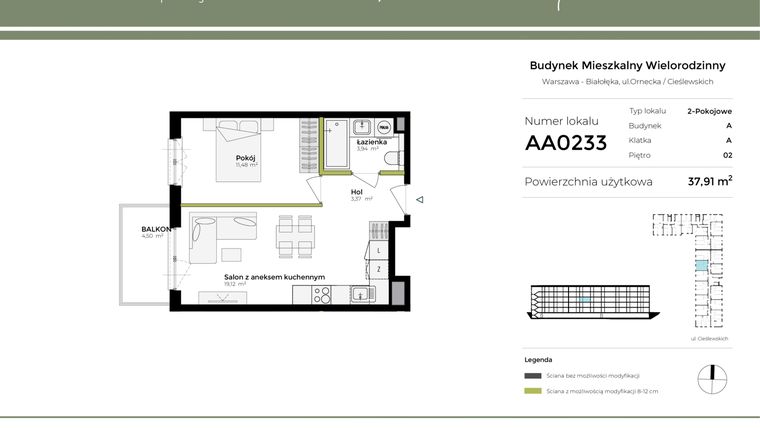 Rzut - Mieszkanie na sprzedaż 2 pokoje o powierzchni 37,91 m² - numer AA0233 w Orneko