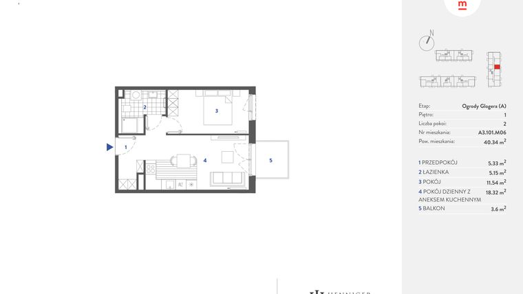 Rzut - Mieszkanie na sprzedaż 2 pokoje o powierzchni 40,33 m² - numer A3.101.M06 w Mieszkaj w mieście - Ogrody Glogera