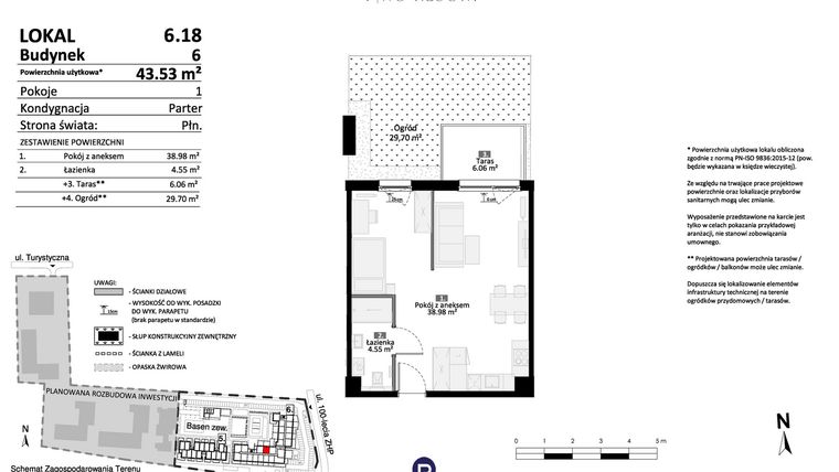 Rzut - Mieszkanie na sprzedaż 2 pokoje o powierzchni 43,5 m² - numer 6.18 w Pino Resort