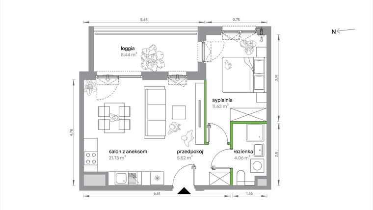 Rzut - Mieszkanie na sprzedaż 2 pokoje o powierzchni 42,96 m² - numer 1/A/2/4 w Sochaczewska Vita