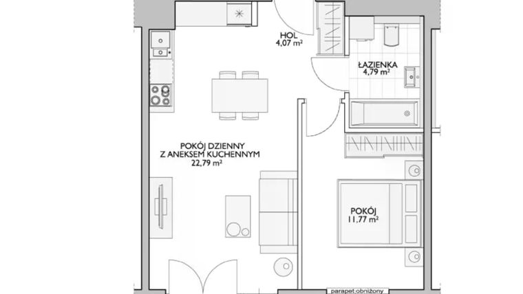 Rzut - Mieszkanie na sprzedaż 2 pokoje o powierzchni 44,58 m² - numer WO/P33/32 w Wiszące Ogrody