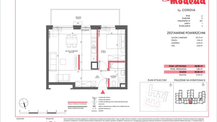 Rzut - Mieszkanie na sprzedaż 2 pokoje o powierzchni 48,98 m² - numer A.067 w Modena II