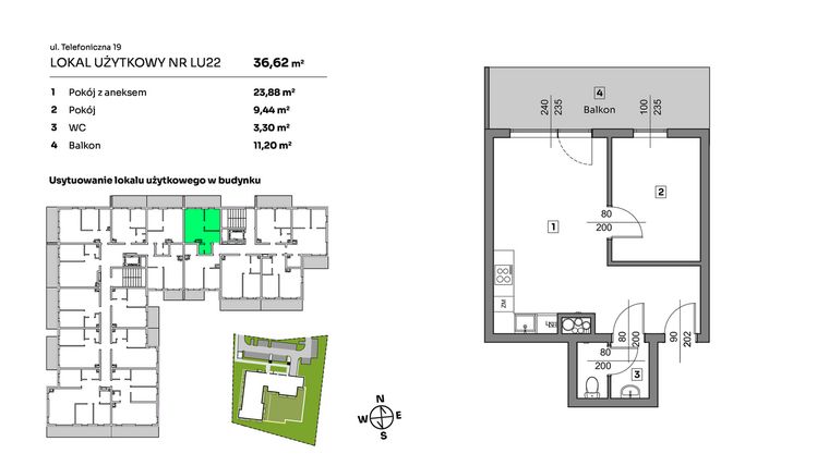 Rzut - Mieszkanie na sprzedaż 2 pokoje o powierzchni 36,62 m² - numer L.U. 22 w Nova Radiostacja - apartamenty inwestycyjne