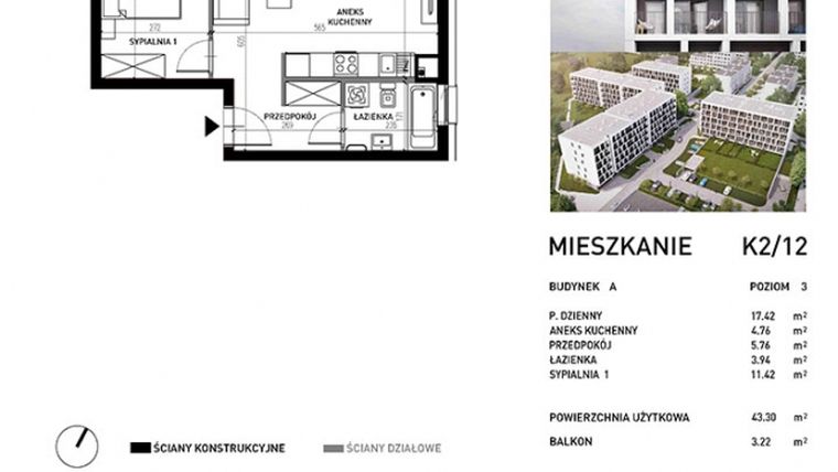 Rzut - Mieszkanie na sprzedaż 2 pokoje o powierzchni 43,3 m² - numer K2/12 w Osiedle Kuźniki