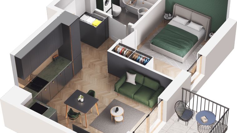 Rzut - Mieszkanie na sprzedaż 2 pokoje o powierzchni 33,7 m² - numer A1.103.M02 w Mieszkaj w mieście - Ogrody Glogera