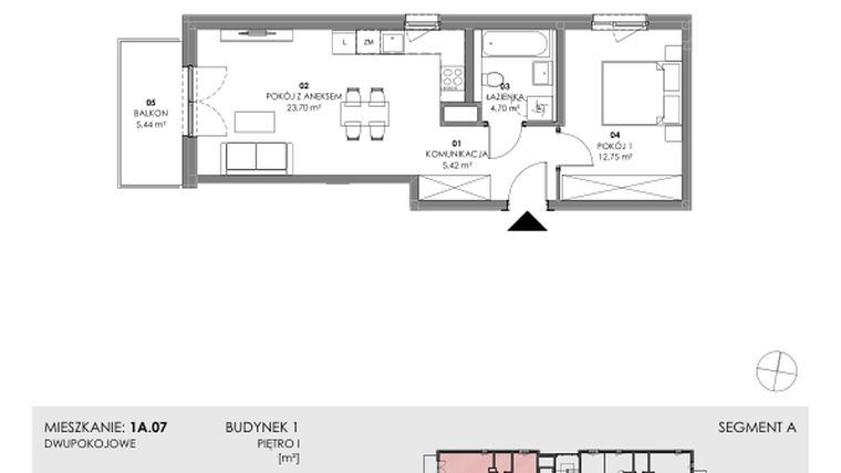 Rzut - Mieszkanie na sprzedaż 2 pokoje o powierzchni 46,57 m² - numer 1A.07 w Akacjowa Wita