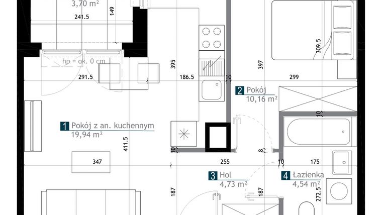 Rzut - Mieszkanie na sprzedaż 2 pokoje o powierzchni 39,37 m² - numer AA0207 w M Bemowo 3
