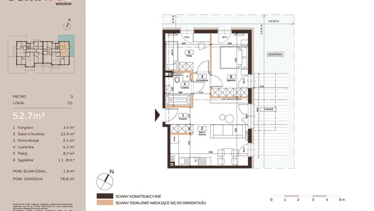 Rzut - Mieszkanie na sprzedaż 3 pokoje o powierzchni 52,7 m² - numer D1 w Domkove Widzew
