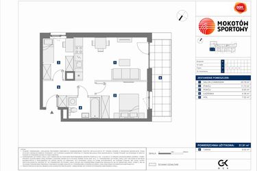 Rzut - Mieszkanie na sprzedaż 3 pokoje o powierzchni 51,91 m² - numer B.3 w Mokotów Sportowy