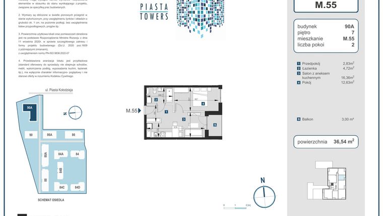 Rzut - Mieszkanie na sprzedaż 2 pokoje o powierzchni 36,54 m² - numer 55 w Piasta Towers bud. 90A