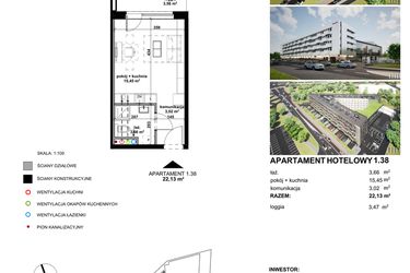 Rzut - Mieszkanie na sprzedaż 1 pokój o powierzchni 22,29 m² - numer 1.38 w Apartamentowiec Zwycięska 3 - inwestycyjne