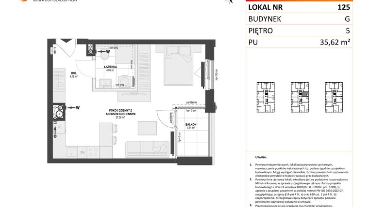 Rzut - Mieszkanie na sprzedaż 1 pokój o powierzchni 35,62 m² - numer G.125 w DOKI Living etap II