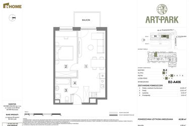 Rzut - Mieszkanie na sprzedaż 2 pokoje o powierzchni 42,58 m² - numer B.2.A406 w Inhome Osiedle ArtPark etap I