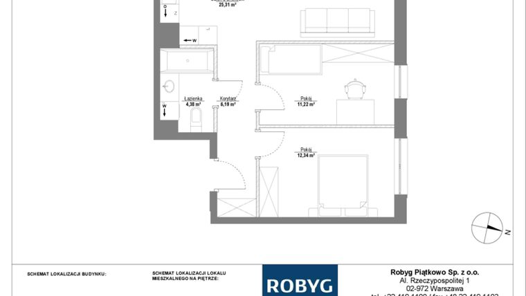 Rzut - Mieszkanie na sprzedaż 3 pokoje o powierzchni 59,44 m² - numer 1M15 w Początek Piątkowo bud. F