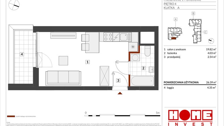 Rzut - Mieszkanie na sprzedaż 1 pokój o powierzchni 26,39 m² - numer B2-A034 w Warszawski Świt etap IX