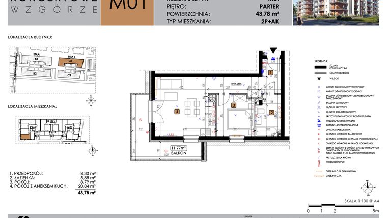 Rzut - Mieszkanie na sprzedaż 2 pokoje o powierzchni 43,78 m² - numer C1_M1 w Koncertowe Wzgórze etap II