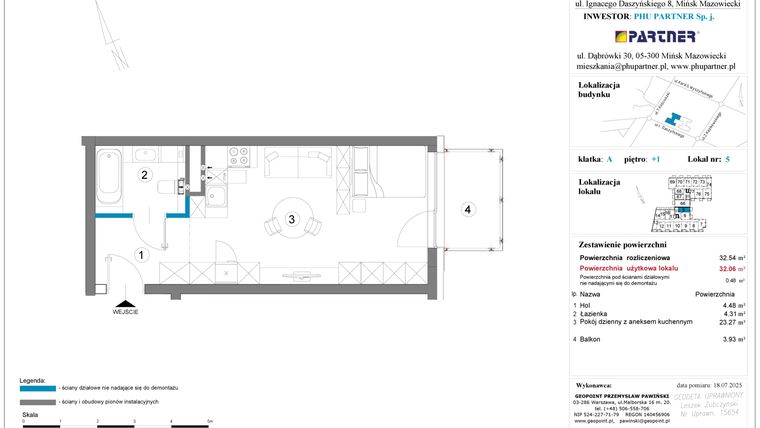 Rzut - Mieszkanie na sprzedaż 1 pokój o powierzchni 32,54 m² - numer A.1.05 w Daszyńskiego Square etap 1