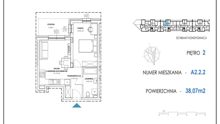 Rzut - Mieszkanie na sprzedaż 2 pokoje o powierzchni 38,07 m² - numer A2.2.2 w Apartamenty Nowe Miasto