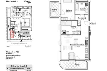 Rzut - Mieszkanie na sprzedaż 3 pokoje o powierzchni 61,33 m² - numer A.2.2 w Nowa Fregata