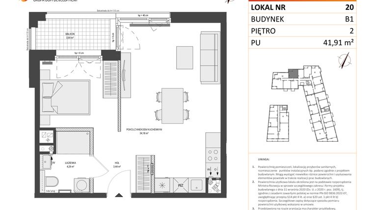 Rzut - Mieszkanie na sprzedaż 1 pokój o powierzchni 41,91 m² - numer B1.20 w Zajezdnia Motława