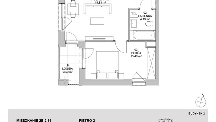 Rzut - Mieszkanie na sprzedaż 2 pokoje o powierzchni 41,36 m² - numer 2B.2.36 w Francuska Park VIIIA