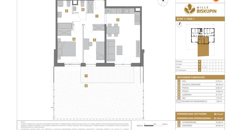 Rzut - Mieszkanie na sprzedaż 3 pokoje o powierzchni 57,19 m² - numer B.2 w Wille Biskupin