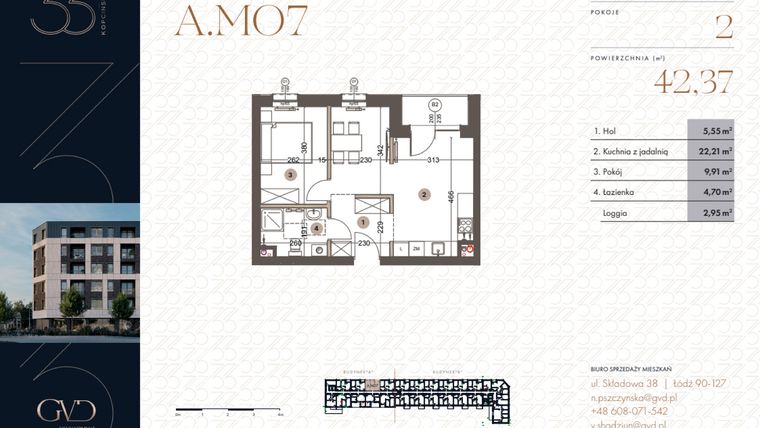 Rzut - Mieszkanie na sprzedaż 2 pokoje o powierzchni 42,37 m² - numer A.M07 w Kopcińskiego 33