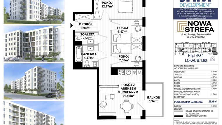Rzut - Mieszkanie na sprzedaż 4 pokoje o powierzchni 69,62 m² - numer B.1.60 w Nowa Strefa