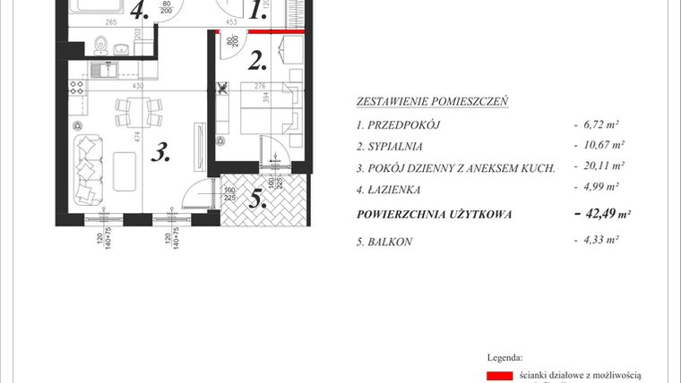 Rzut - Mieszkanie na sprzedaż 2 pokoje o powierzchni 42,49 m² - numer 28 w Enklawa Milanówek