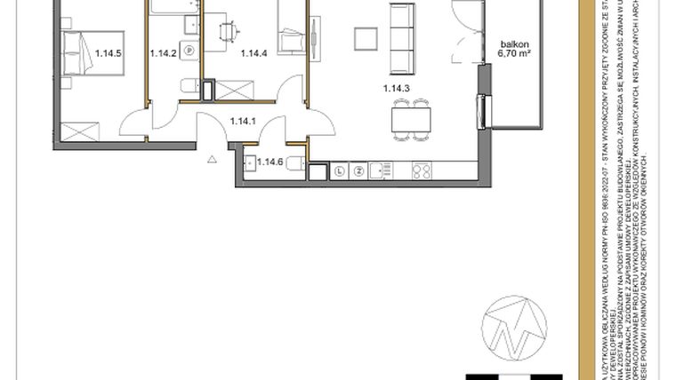 Rzut - Mieszkanie na sprzedaż 3 pokoje o powierzchni 67,49 m² - numer 14 w Osiedle Sfera etap II