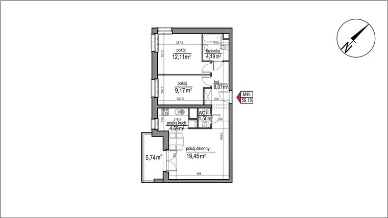 Rzut - Mieszkanie na sprzedaż 3 pokoje o powierzchni 59,18 m² - numer 4 m. 40 w Osiedle Rytm etap 3
