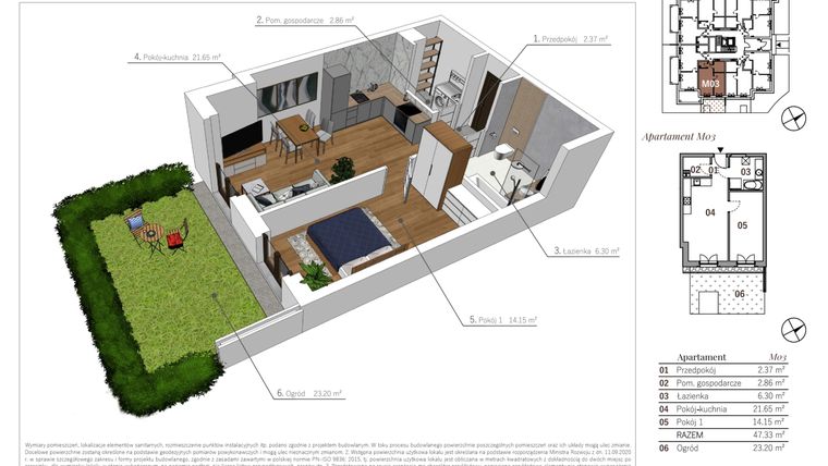 Rzut - Mieszkanie na sprzedaż 2 pokoje o powierzchni 47,33 m² - numer M03 w Przy Parku etap II
