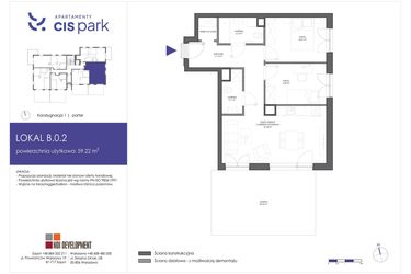 Rzut - Mieszkanie na sprzedaż 3 pokoje o powierzchni 59,22 m² - numer B.0.2 w CIS Park