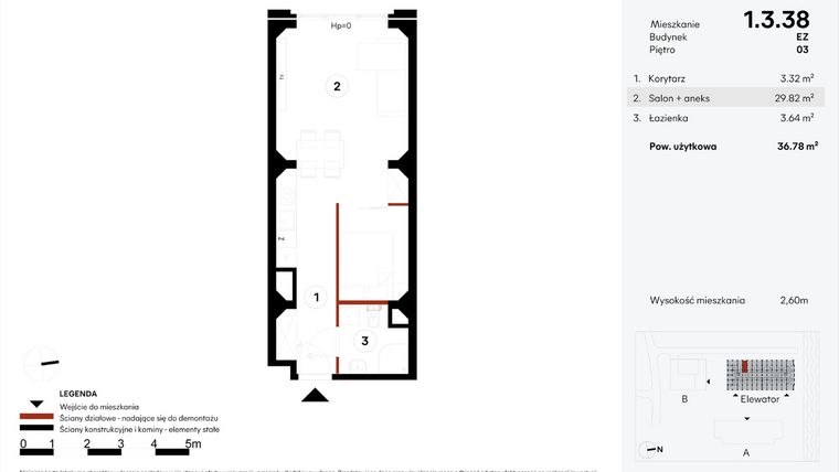 Rzut - Mieszkanie na sprzedaż 1 pokój o powierzchni 36,78 m² - numer EZ.1.3.38 w Elewator - Mieszkania i Lofty