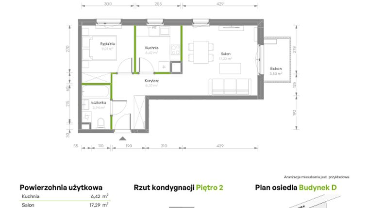 Rzut - Mieszkanie na sprzedaż 2 pokoje o powierzchni 45,03 m² - numer D/030 w Bemosphere
