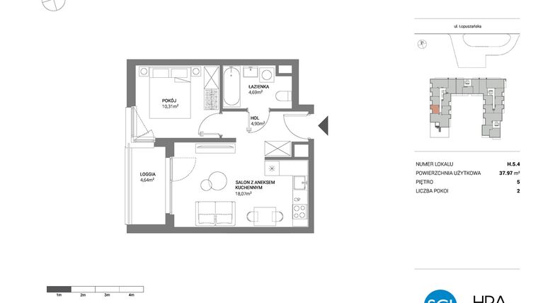 Rzut - Mieszkanie na sprzedaż 2 pokoje o powierzchni 37,97 m² - numer H.5.4 w Łopuszańska 47 - etap 3
